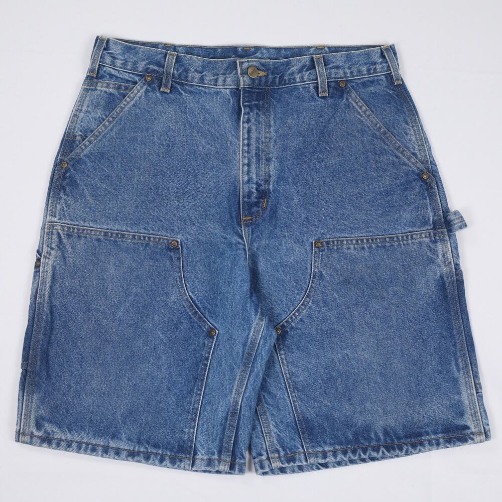 Vintage Carhartt B79 DST Faded Blue Denim Double Knee Carpenter Shorts Size 32.5